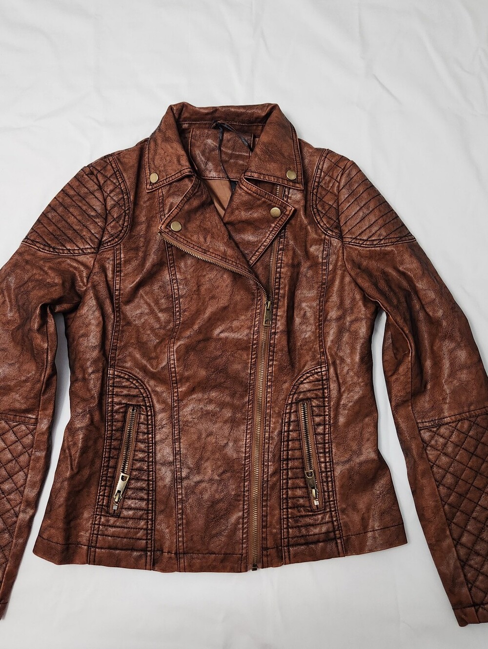 BELLIVERA FAUX LEATHER MOTO JACKET COLOR BROWN SIZE SMALL